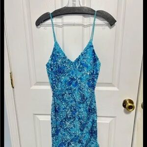 Rachel Allan Turquoise Blue Sequin Strapless Slip Dress